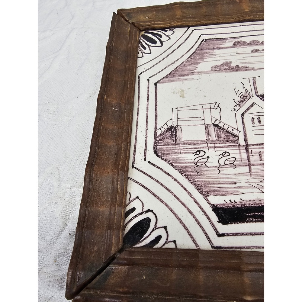 18th century salvaged Delft manganese tile depicting buildings and trees 6x6 - Picture 3 of 7